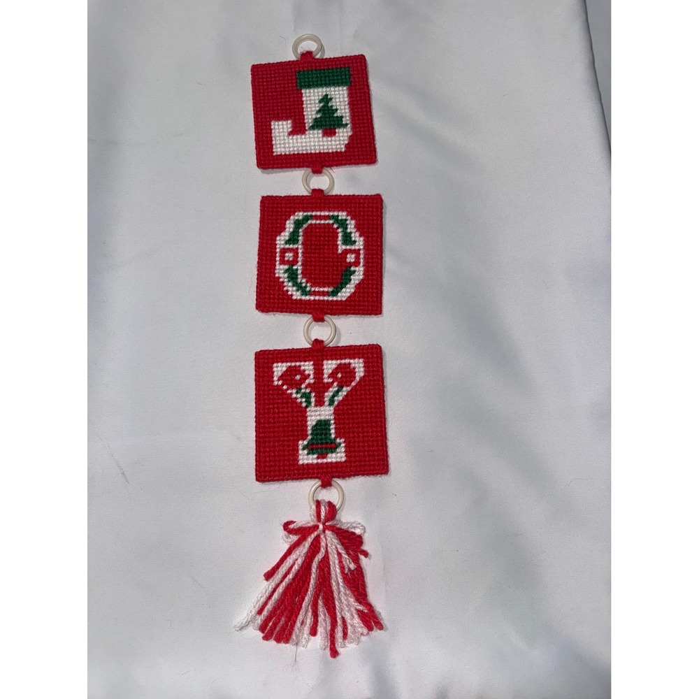 Vintage Handmade Needlepoint JOY Wall Hanging Christmas Decor Tassel Red Green